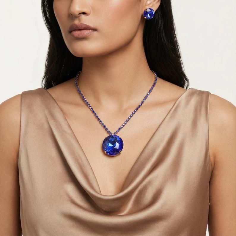 Gold Plated Blue Crystal Necklace & Earring Set